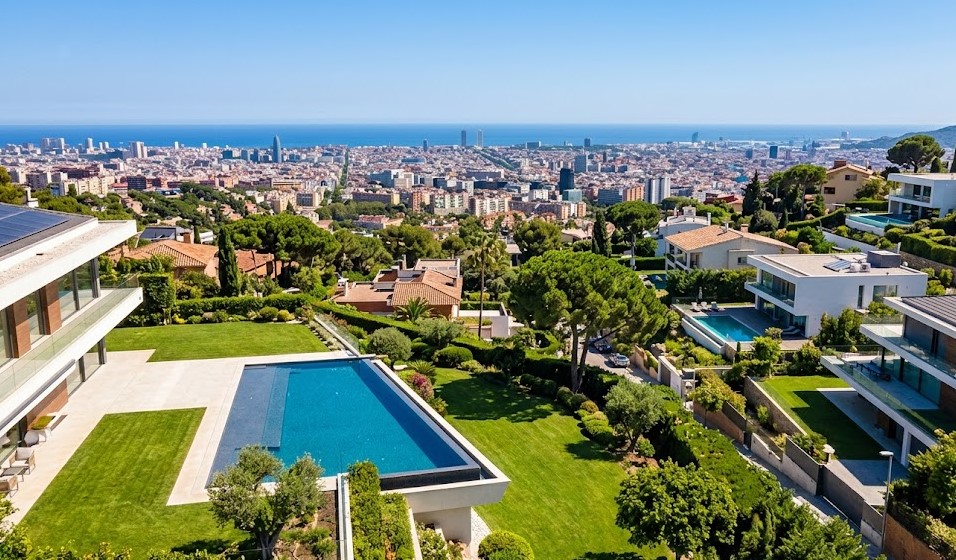 Vistas de las exclusivas villas y la zona residencial de Ciutat Diagonal en Esplugues con Barcelona de fondo